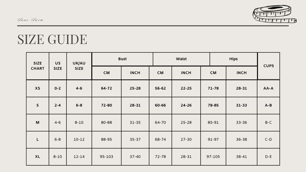 Size chart for women's clothing with measurements in centimeters and inches.